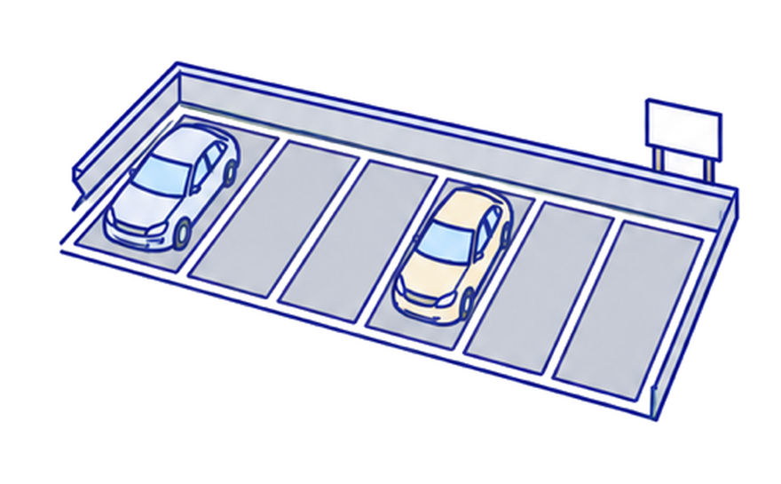 区画線を引いた月極駐車場に車が2台停まっている線画