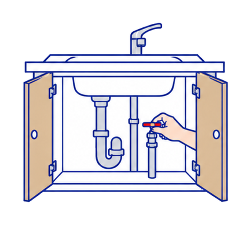キッチンのシンクの下の扉を開けて止水栓を閉めている手の線画